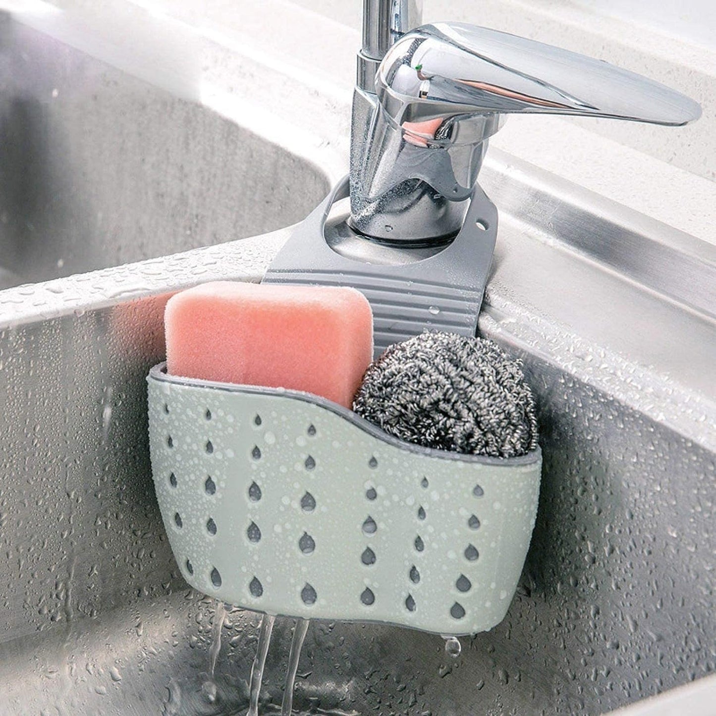 Adjustable Sink Caddy with Drainage – Sponge, Soap & Brush Holder, Grey
