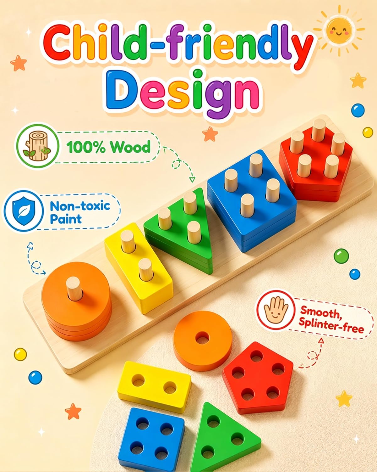 20-Piece Wooden Montessori Sorting & Stacking Toy for Toddlers