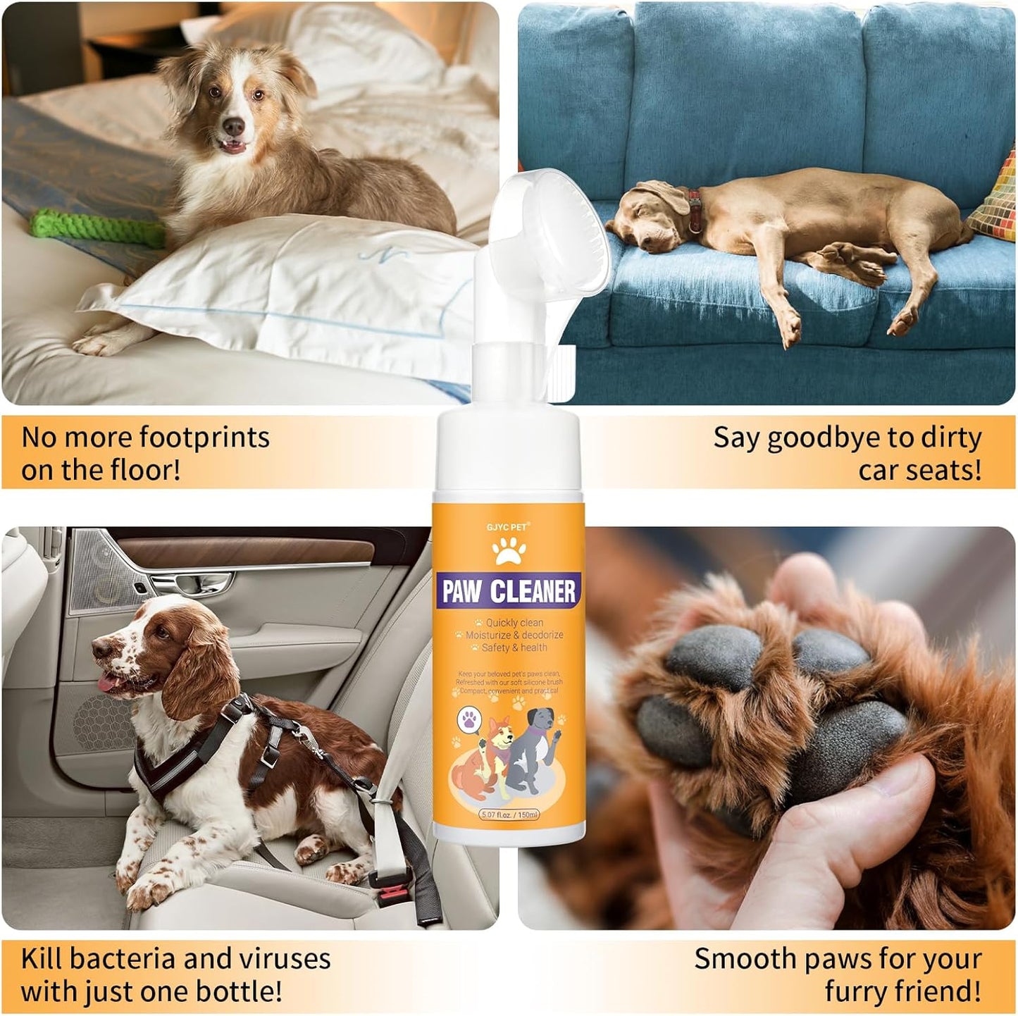 No-Rinse Pet Paw Cleaner Foam with Silicone Brush – 150 ml