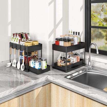 2-Tier Sliding Under-Sink Organizer with Hooks & Storage Cup – Black