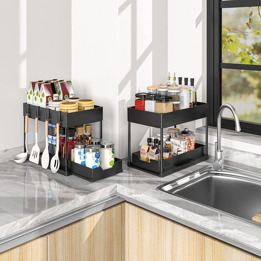 2-Tier Sliding Under-Sink Organizer with Hooks & Storage Cup – Black
