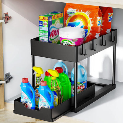 2-Tier Sliding Under-Sink Organizer with Hooks & Storage Cup – Black