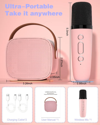 Portable Mini Bluetooth Karaoke Machine with Wireless Microphone – Light Pink