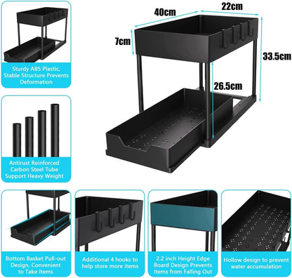 2-Tier Sliding Under-Sink Organizer with Hooks & Storage Cup – Black