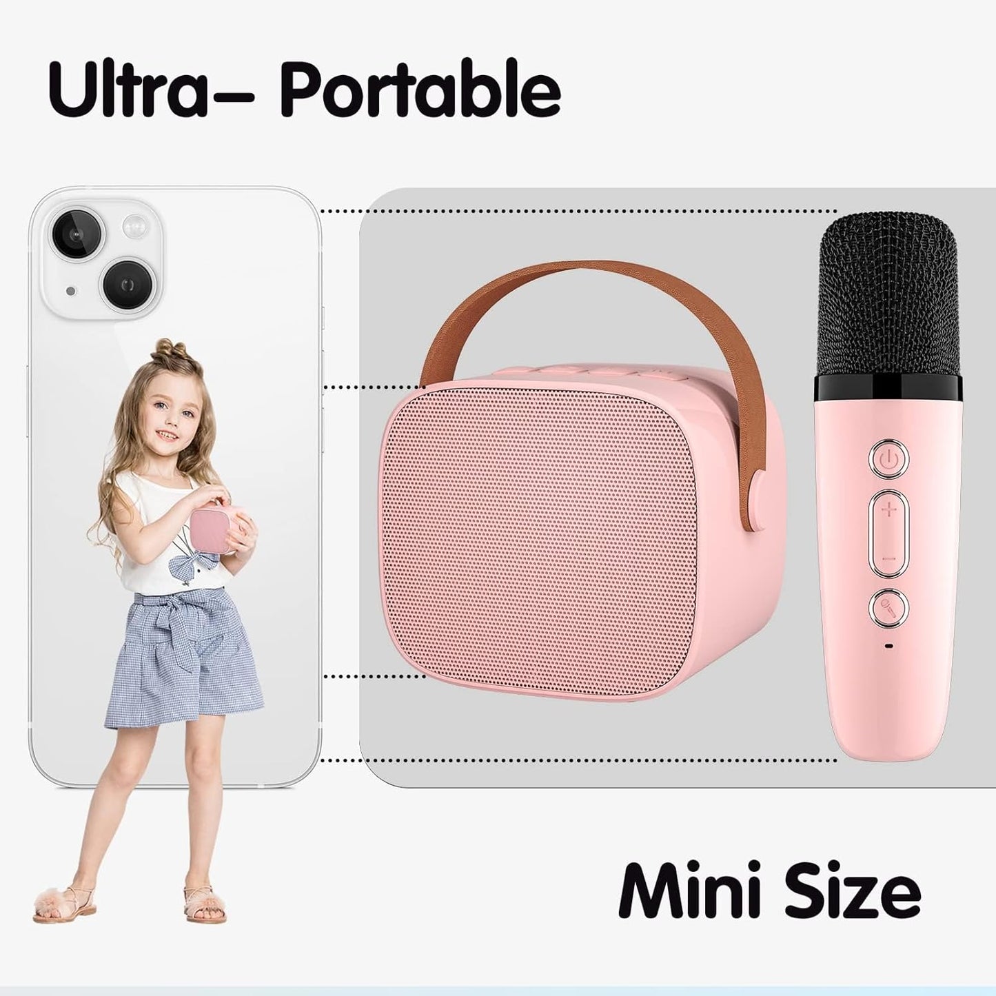 Portable Mini Bluetooth Karaoke Machine with Wireless Microphone – Light Pink