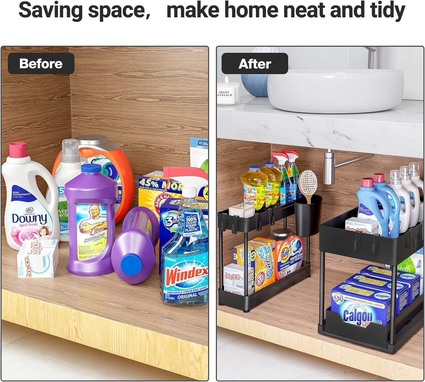 2-Tier Sliding Under-Sink Organizer with Hooks & Storage Cup – Black