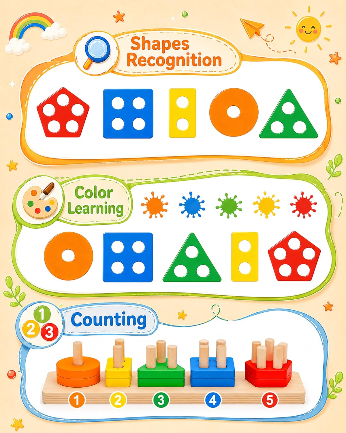 20-Piece Wooden Montessori Sorting & Stacking Toy for Toddlers