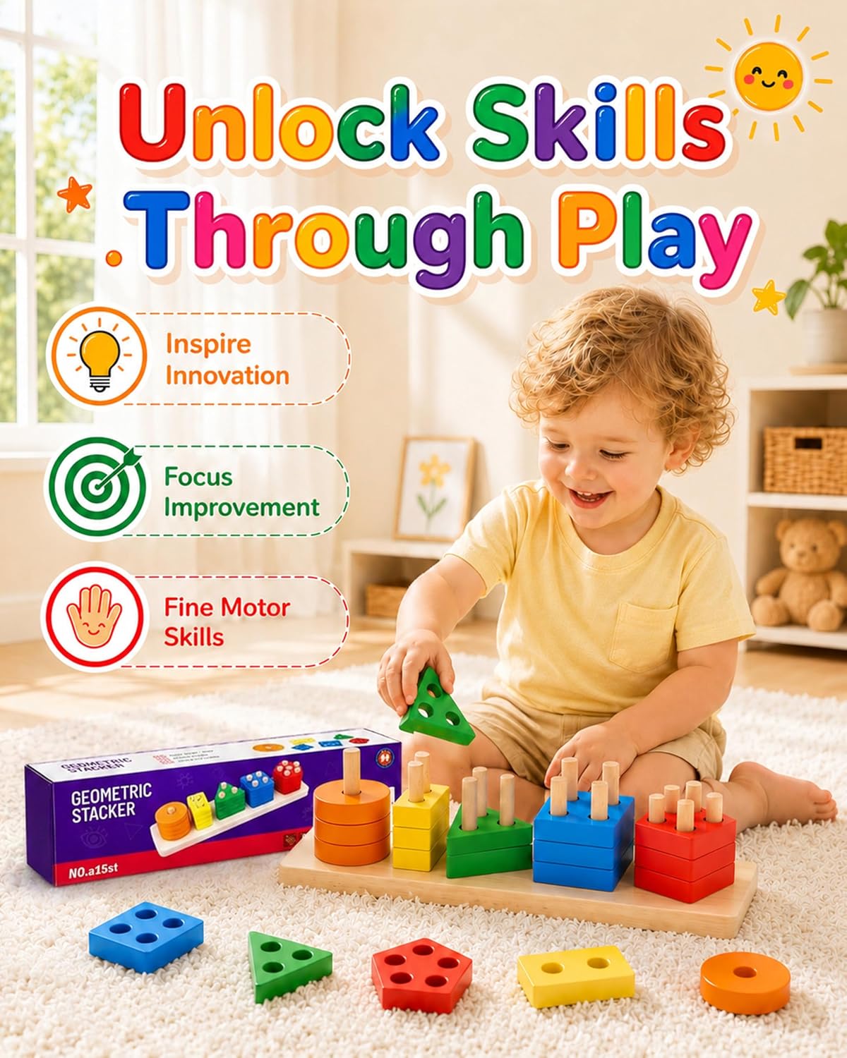 20-Piece Wooden Montessori Sorting & Stacking Toy for Toddlers