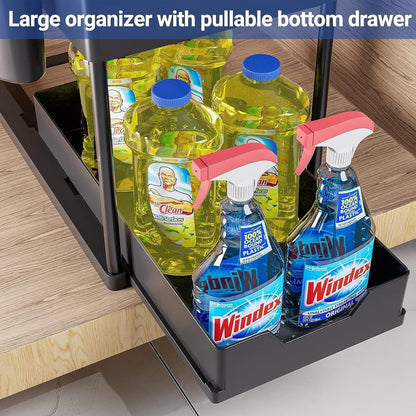 2-Tier Sliding Under-Sink Organizer with Hooks & Storage Cup – Black