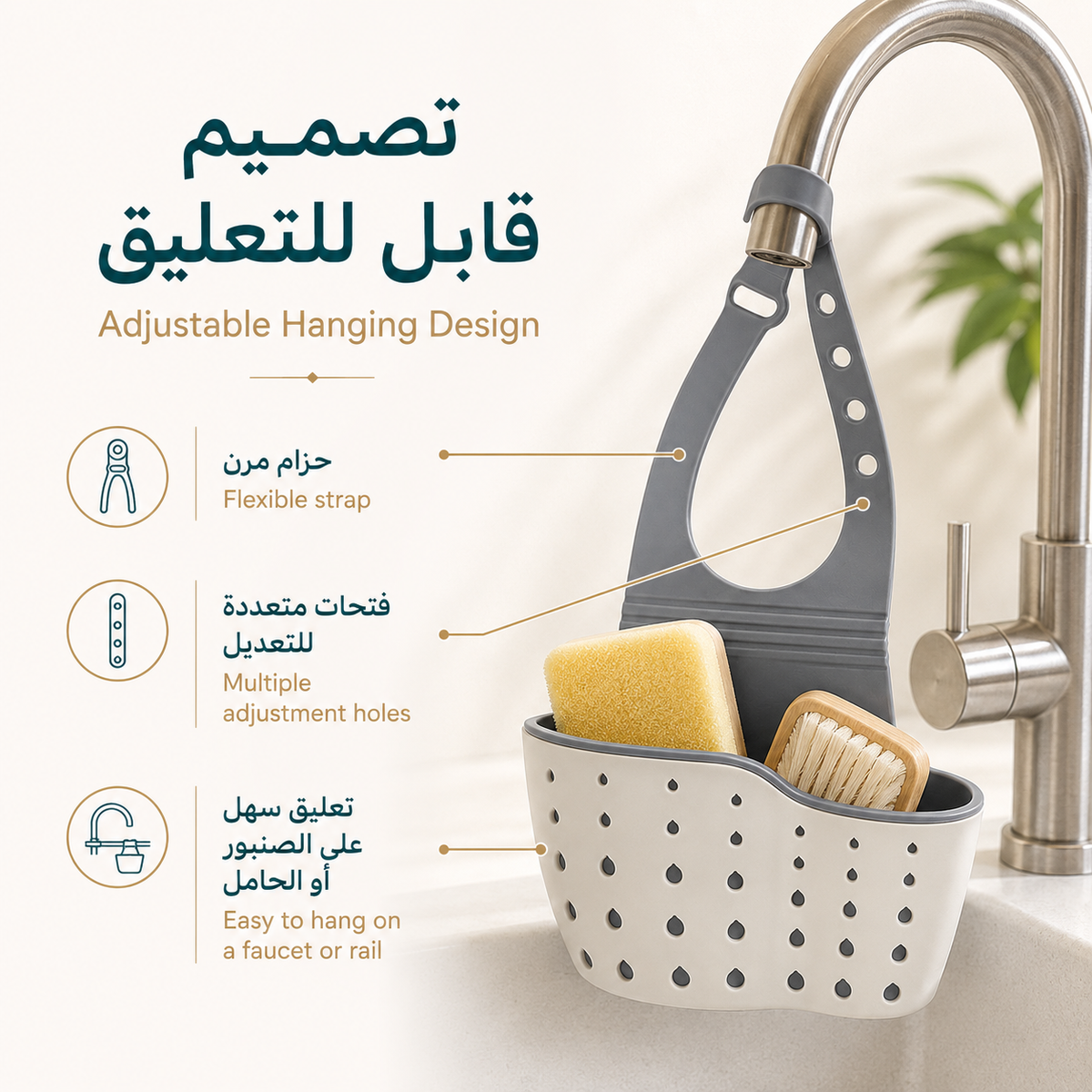 Adjustable Sink Caddy with Drainage – Sponge, Soap & Brush Holder, Grey