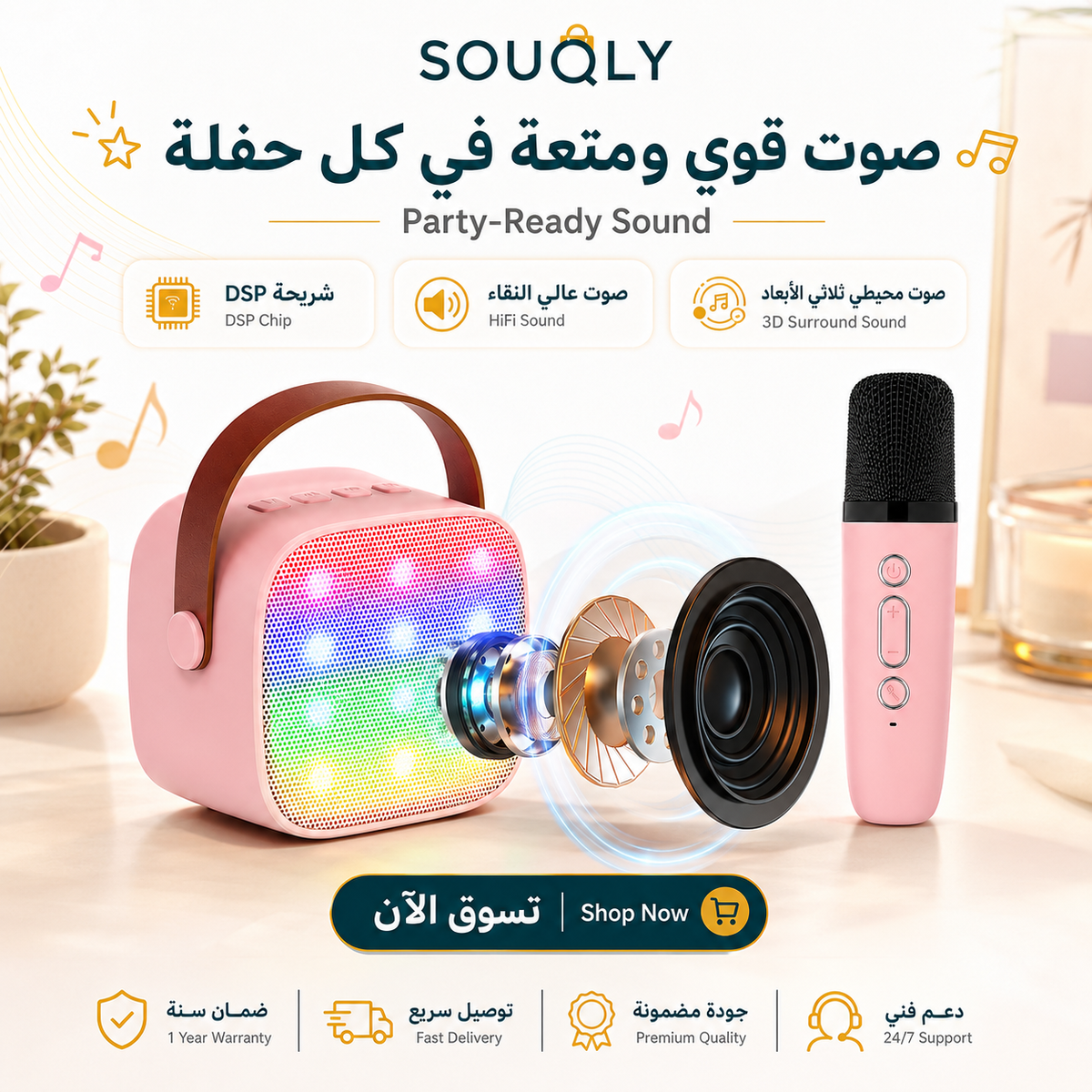 Portable Mini Bluetooth Karaoke Machine with Wireless Microphone – Light Pink